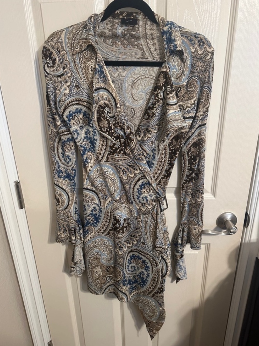 Aura Paisley Collared V Neck Drape Front Long Sleeve Ruffle Dress, Blue & Brown